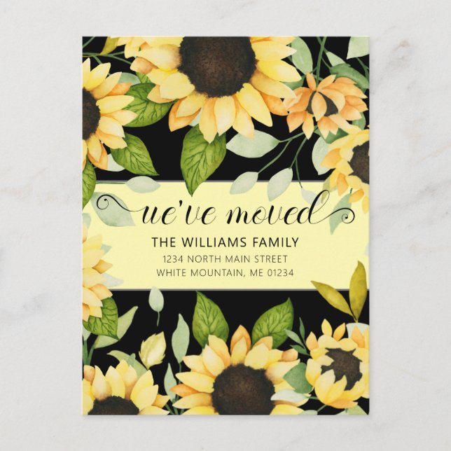 Elegant Sunflower Watercolor Floral Black Moving Announcement Postcard (Front)