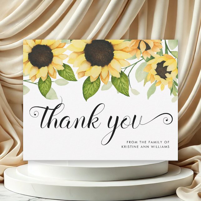 Elegant Sunflower Watercolor Floral Sympathy Thank You Card (Elegant Yellow Sunflowers Funeral Thank You Card)