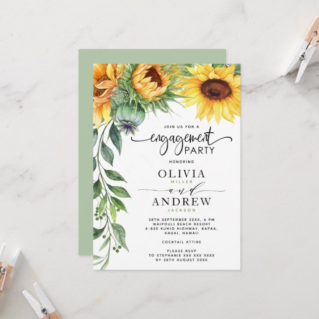 Elegant Sunflower Watercolor Modern Engagement Invitation (Front/Back In Situ)