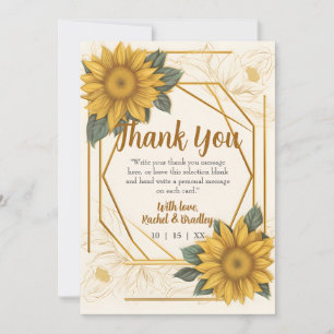 Elegant Sunflower Wedding Drawing Line Gold Frame Thank You Card