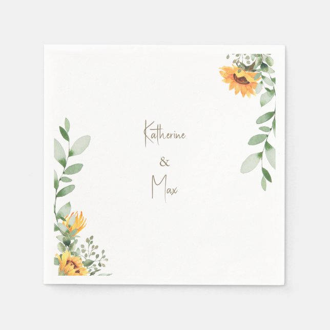 Elegant Sunflower Wedding Gold Text Cocktail Napkin (Front)