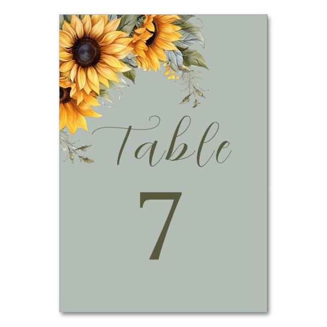 Elegant Sunflower Wedding Numbers Table Card (Front)