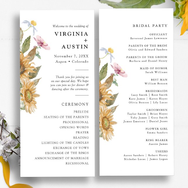 Elegant Sunflower Wedding Programme (Elegant Sunflower Wildflower Watercolor Wedding Program by Painted Paperie)