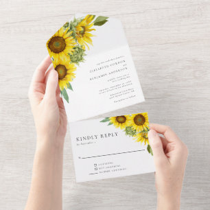 Elegant Sunflower Wedding Watercolor Floral RSVP All In One Invitation