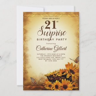 Elegant Sunflower With Butterfly 21st Birthday Invitation