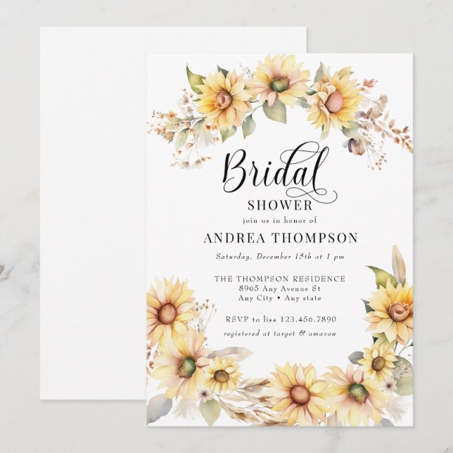 Elegant Sunflower | Yellow Bridal Shower Invitation (Front/Back)