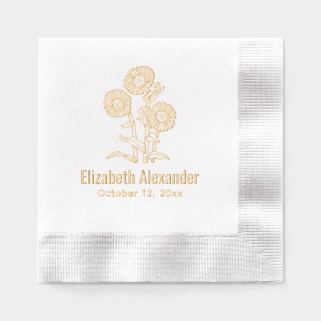 Elegant Sunflowers #6 Name Date Foil Napkins (Front)