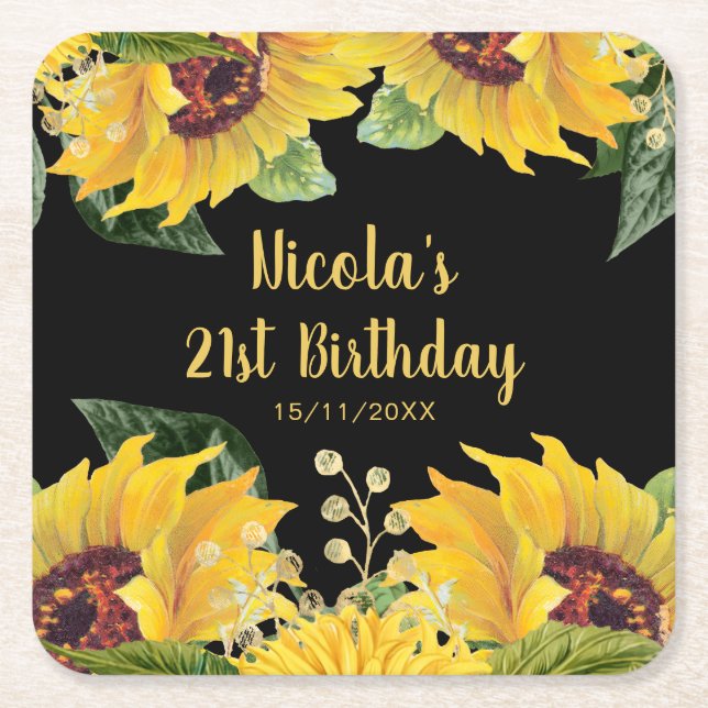 Elegant Sunflowers and Foliage Birthday Party Square Paper Coaster (Front)