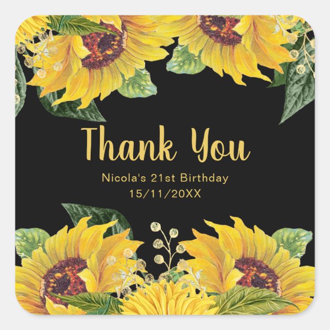 Elegant Sunflowers and Foliage Birthday Party Square Sticker (Front)