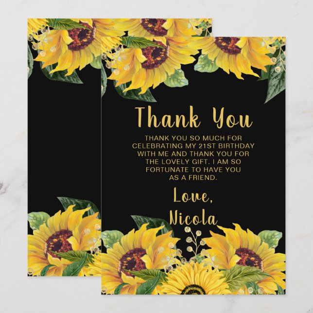 Elegant Sunflowers and Foliage Birthday Party Thank You Card (Front/Back)