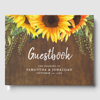 Elegant Sunflowers and Foliage Rustic Wood Wedding Guest Book