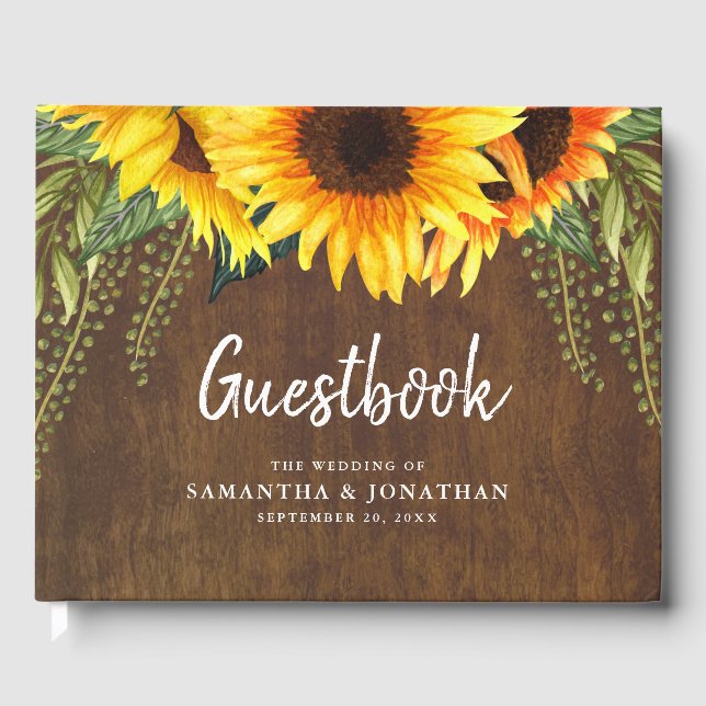 Elegant Sunflowers and Foliage Rustic Wood Wedding Guest Book (Front)