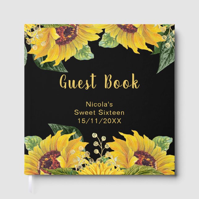 Elegant Sunflowers and Foliage Sweet Sixteen Guest Book (Front)