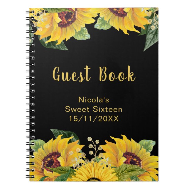 Elegant Sunflowers and Foliage Sweet Sixteen Guest Notebook (Front)