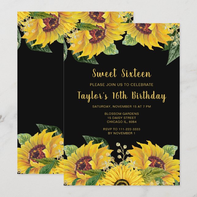 Elegant Sunflowers and Foliage Sweet Sixteen Invitation (Front/Back)