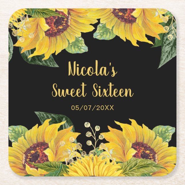 Elegant Sunflowers and Foliage Sweet Sixteen Square Paper Coaster (Front)