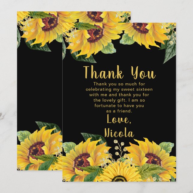 Elegant Sunflowers and Foliage Sweet Sixteen Thank You Card (Front/Back)