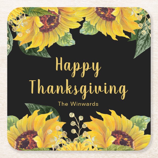 Elegant Sunflowers and Foliage Thanksgiving Party Square Paper Coaster (Front)