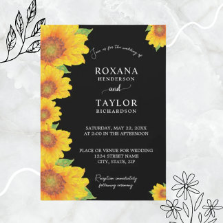 Elegant Sunflowers Black Backdrop Floral Wedding Invitation