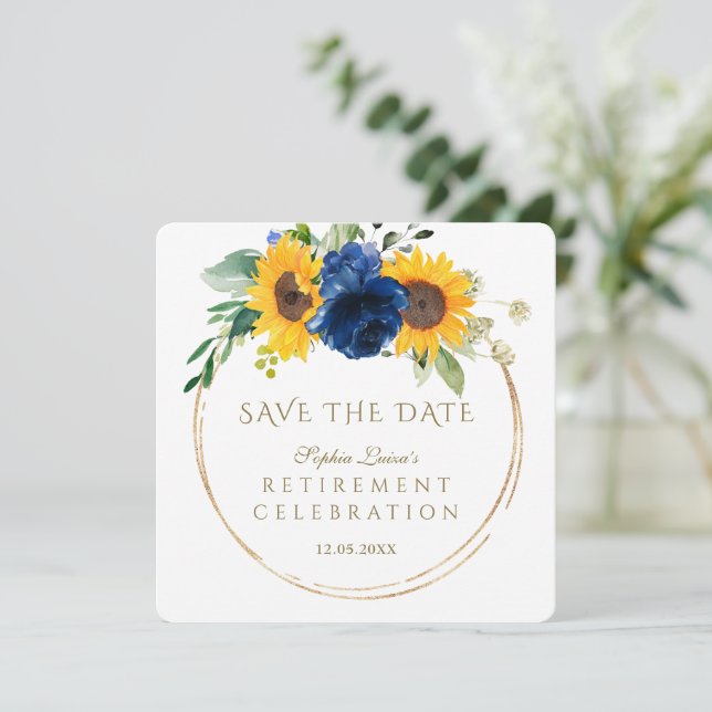 Elegant Sunflowers Blue Floral Gold Retirement  Save The Date (Standing Front)