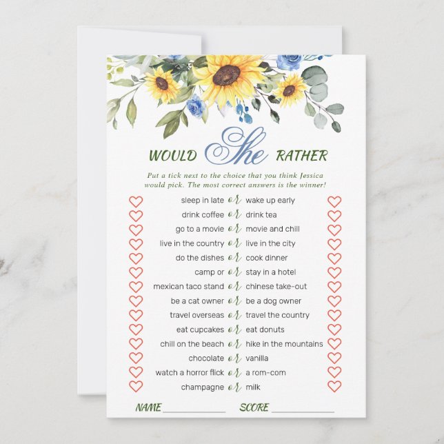 Elegant Sunflowers Bridal Shower Game Card (Front)
