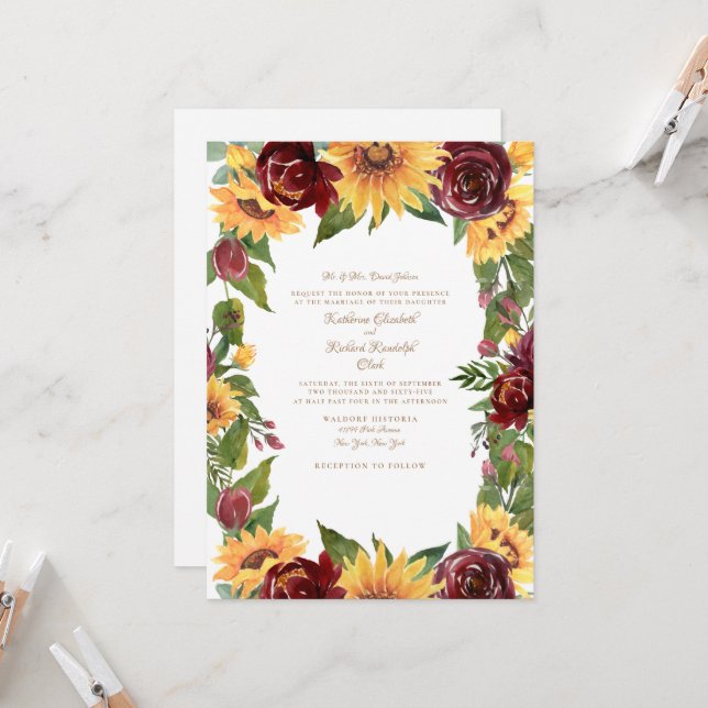 Elegant Sunflowers & Burgundy Floral Wedding Invitation (Front/Back In Situ)