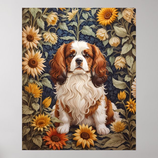 Elegant Sunflowers Cavalier King Charles Spaniel  Poster (Front)