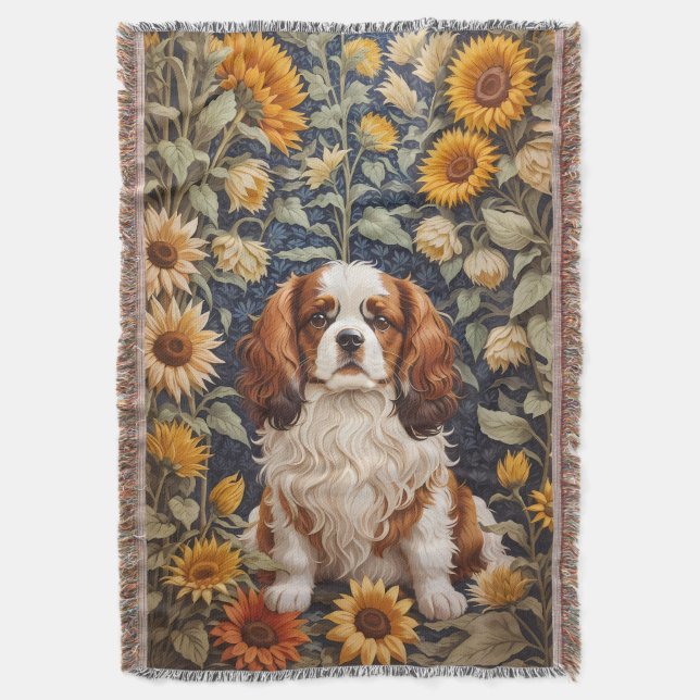 Elegant Sunflowers Cavalier King Charles Spaniel  Throw Blanket (Front Vertical)
