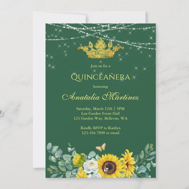Elegant Sunflowers Emerald Green Quinceanera Invitation (Front)