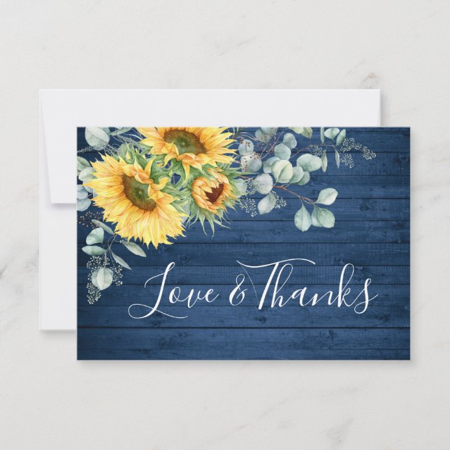 Elegant Sunflowers Eucalyptus Blue Wood Rustic Tha Thank You Card (Front)