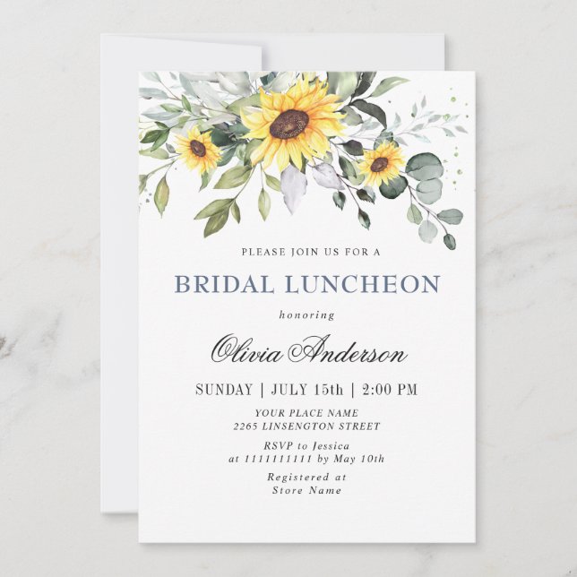Elegant Sunflowers Eucalyptus BRIDAL LUNCHEON Invitation (Front)