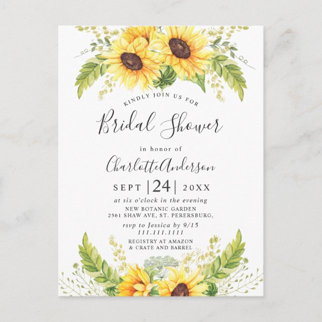Elegant Sunflowers Eucalyptus Bridal Shower Card (Front)