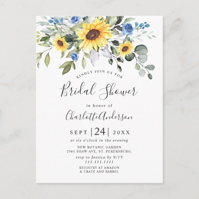 Elegant Sunflowers Eucalyptus Bridal Shower Card (Front)