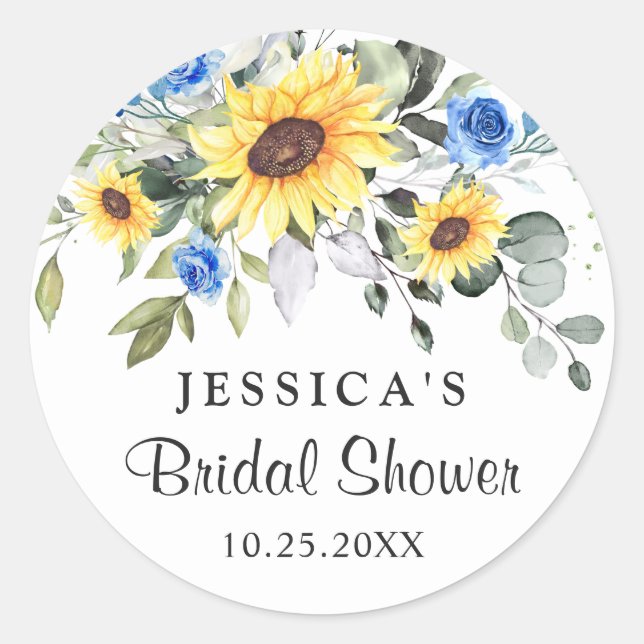 Elegant Sunflowers Eucalyptus Bridal Shower Classic Round Sticker (Front)