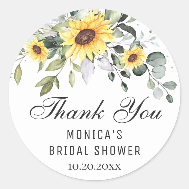 Elegant Sunflowers Eucalyptus Bridal Shower Classic Round Sticker (Front)