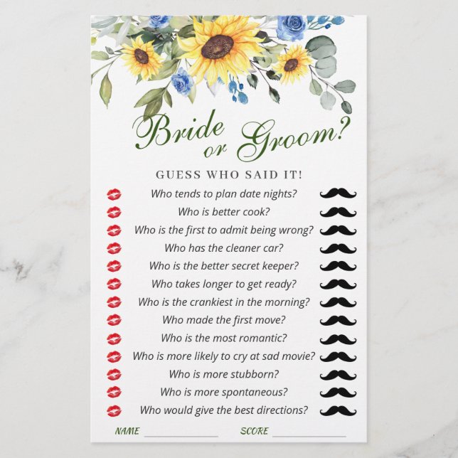 Elegant Sunflowers Eucalyptus Bridal Shower Game (Front)
