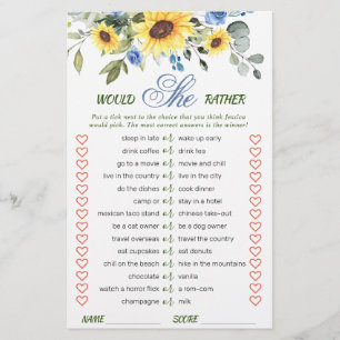 Elegant Sunflowers Eucalyptus Bridal Shower Game