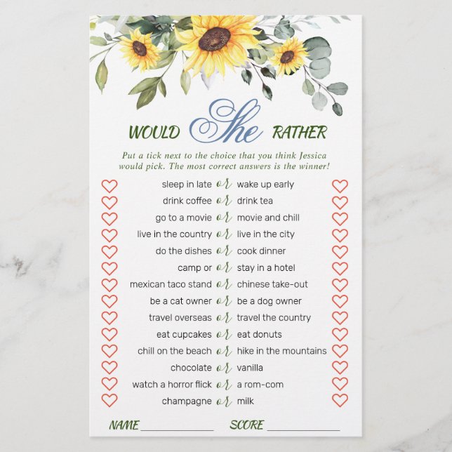 Elegant Sunflowers Eucalyptus Bridal Shower Game (Front)