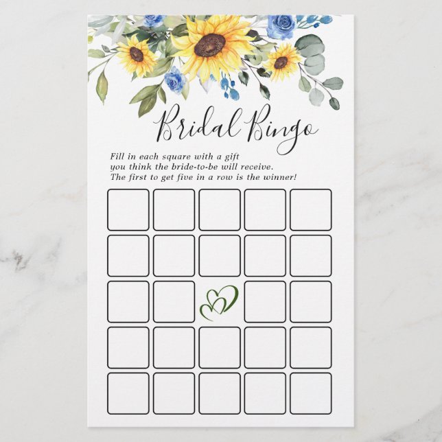 Elegant Sunflowers Eucalyptus Bridal Shower Game (Front)