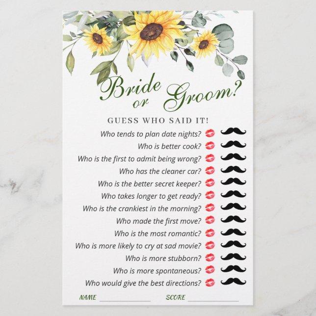 Elegant Sunflowers Eucalyptus Bridal Shower Game (Front)