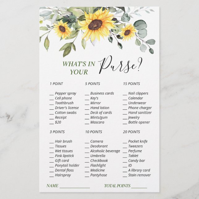 Elegant Sunflowers Eucalyptus Bridal Shower Game (Front)