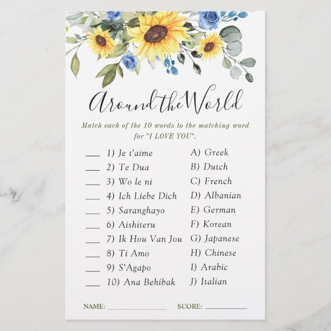 Elegant Sunflowers Eucalyptus Bridal Shower Game (Front)