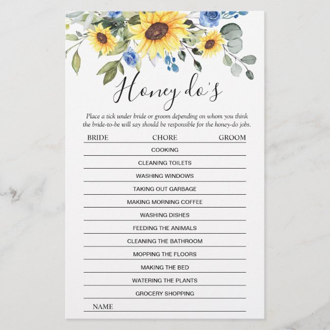 Elegant Sunflowers Eucalyptus Bridal Shower Game (Front)
