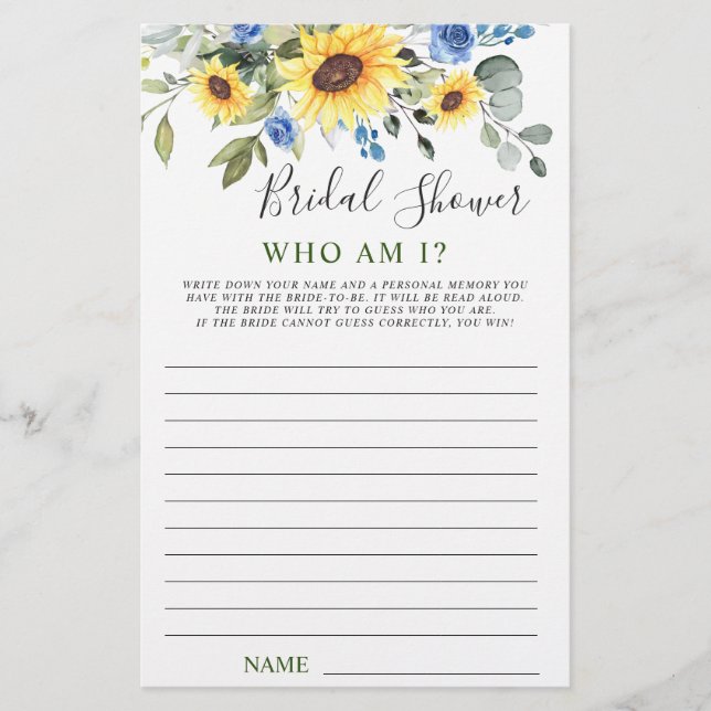 Elegant Sunflowers Eucalyptus Bridal Shower Game (Front)