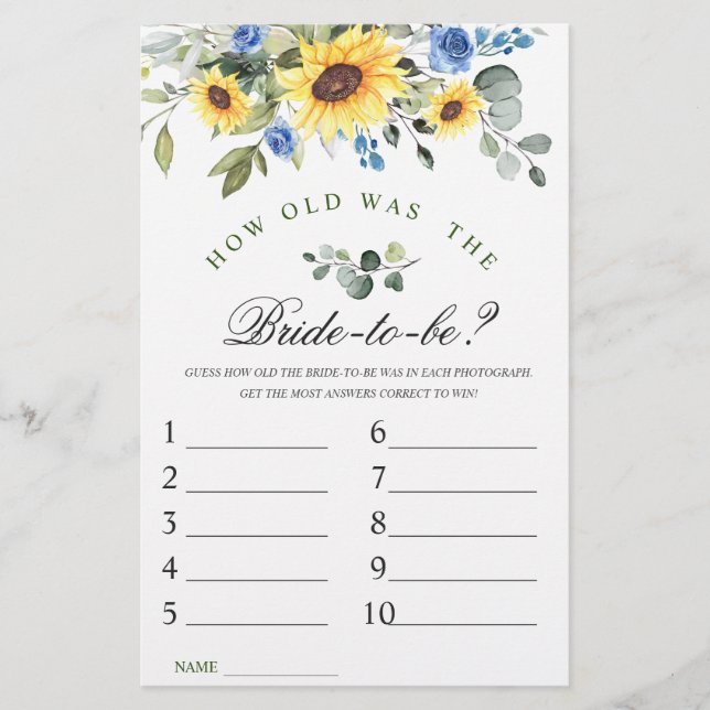Elegant Sunflowers Eucalyptus Bridal Shower Game (Front)