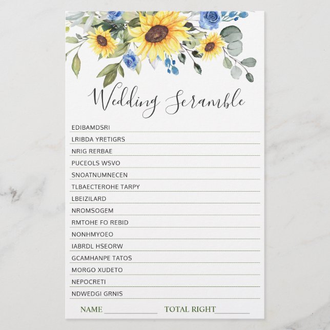 Elegant Sunflowers Eucalyptus Bridal Shower Game (Front)