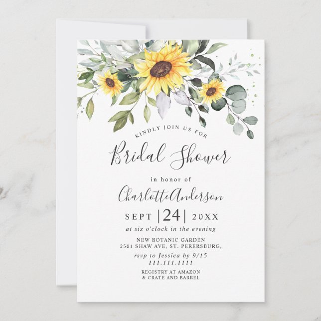 Elegant Sunflowers Eucalyptus BRIDAL SHOWER Invitation (Front)