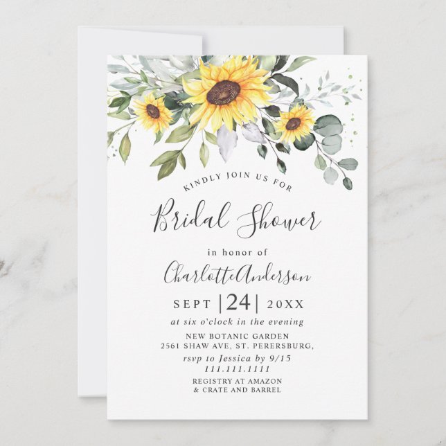 Elegant Sunflowers Eucalyptus Bridal Shower Invitation (Front)