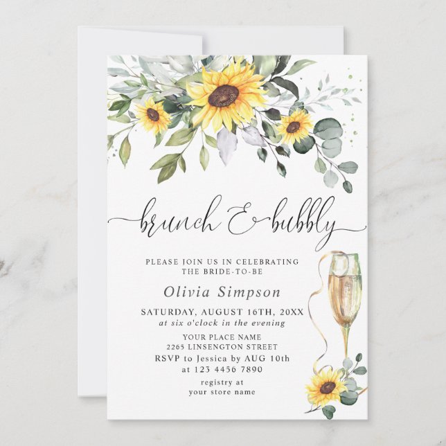 Elegant Sunflowers Eucalyptus Brunch & Bubbly Invitation (Front)