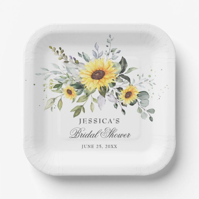 Elegant Sunflowers Eucalyptus Floral Bridal Shower Paper Plate (Front)